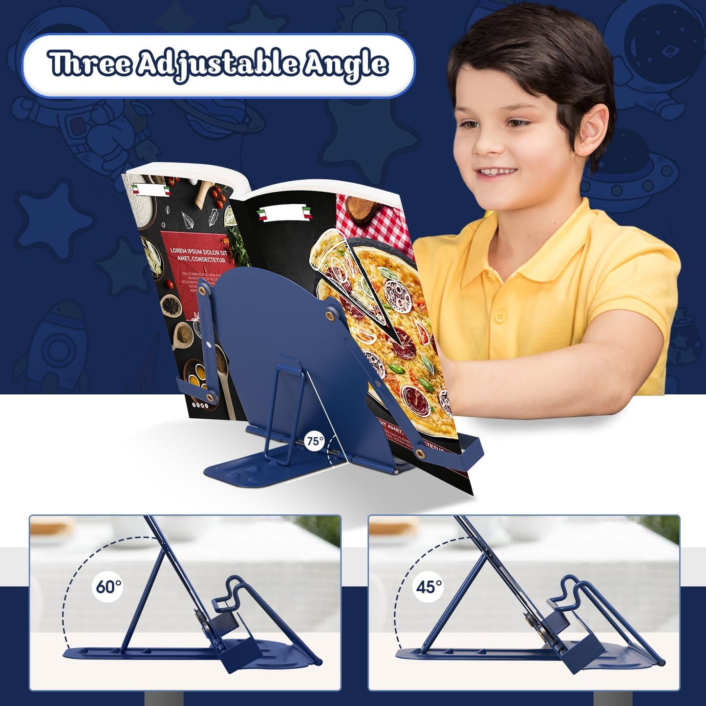 Honagu Book Stand Book Holder Metal Desk Book Stand for Reading Hands Free, Adjustable Textbooks Cookbook Documents Holder, Christmas Birthday Gifts for Girls and Boys (Rocket)