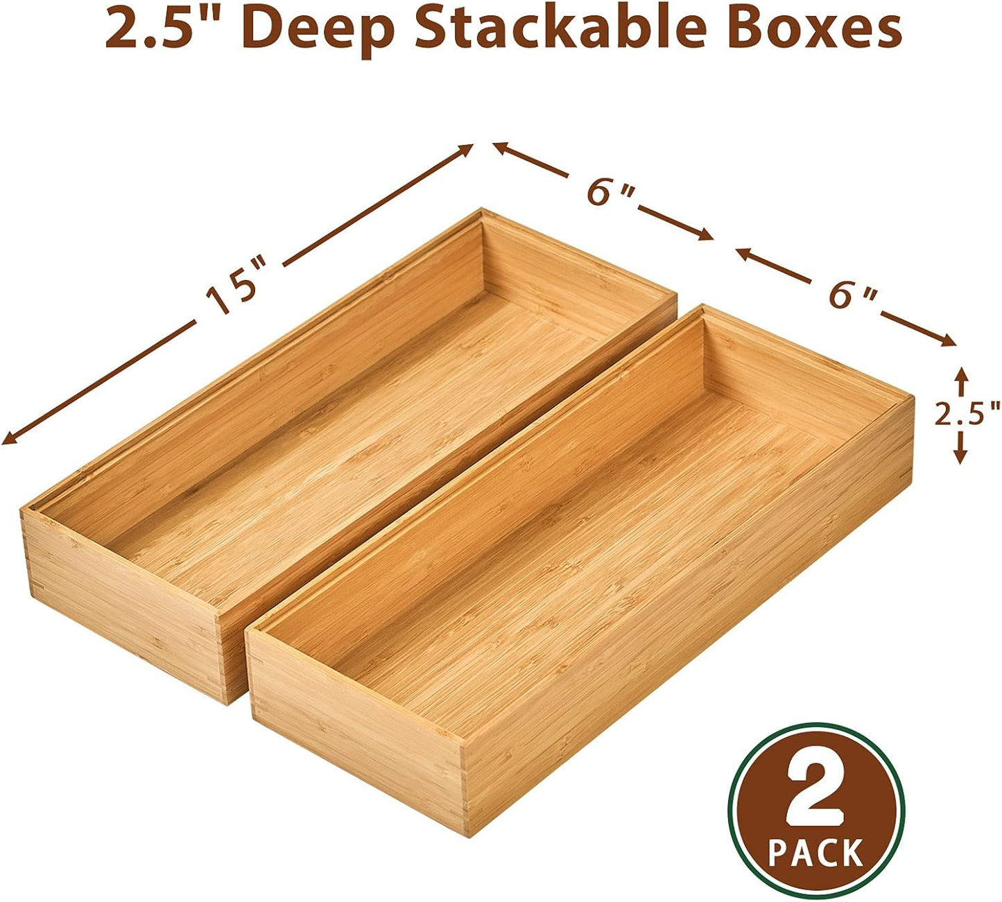 Umilife Bamboo Kitchen Drawer Organizer, Extra High Silverware Tray, Flatware Cutlery Storage Box, Multi-Use Holder in Office, Bathroom, Pantry - 9"x6"x2.5" (Set of 2)