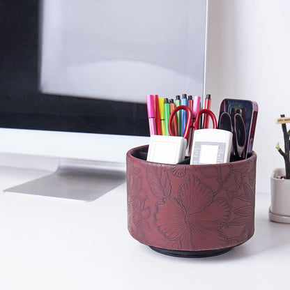 Hennaja Round Leather Art Supply Organizer,Remote Control Holder,360 Degree Rotating,Multi-Functional Pencil Holder,4 Compartments Desktop Stationary Organizer(1-Blue Bird) - Colors B
