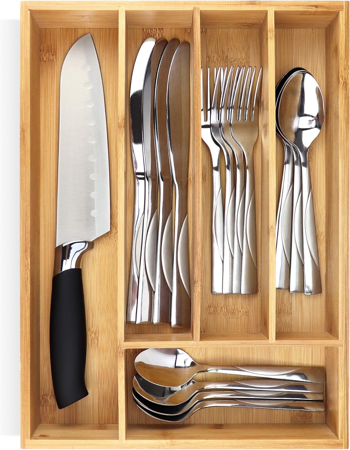 Pristine Bamboo Expandable Drawer Organizers for Kitchen - Extra Deep Non-Slip 17” x 14.6” (expands up to 25 inches) - Dark Wooden Silverware Divider (10 Compartments) – Organize Cooking Utensils