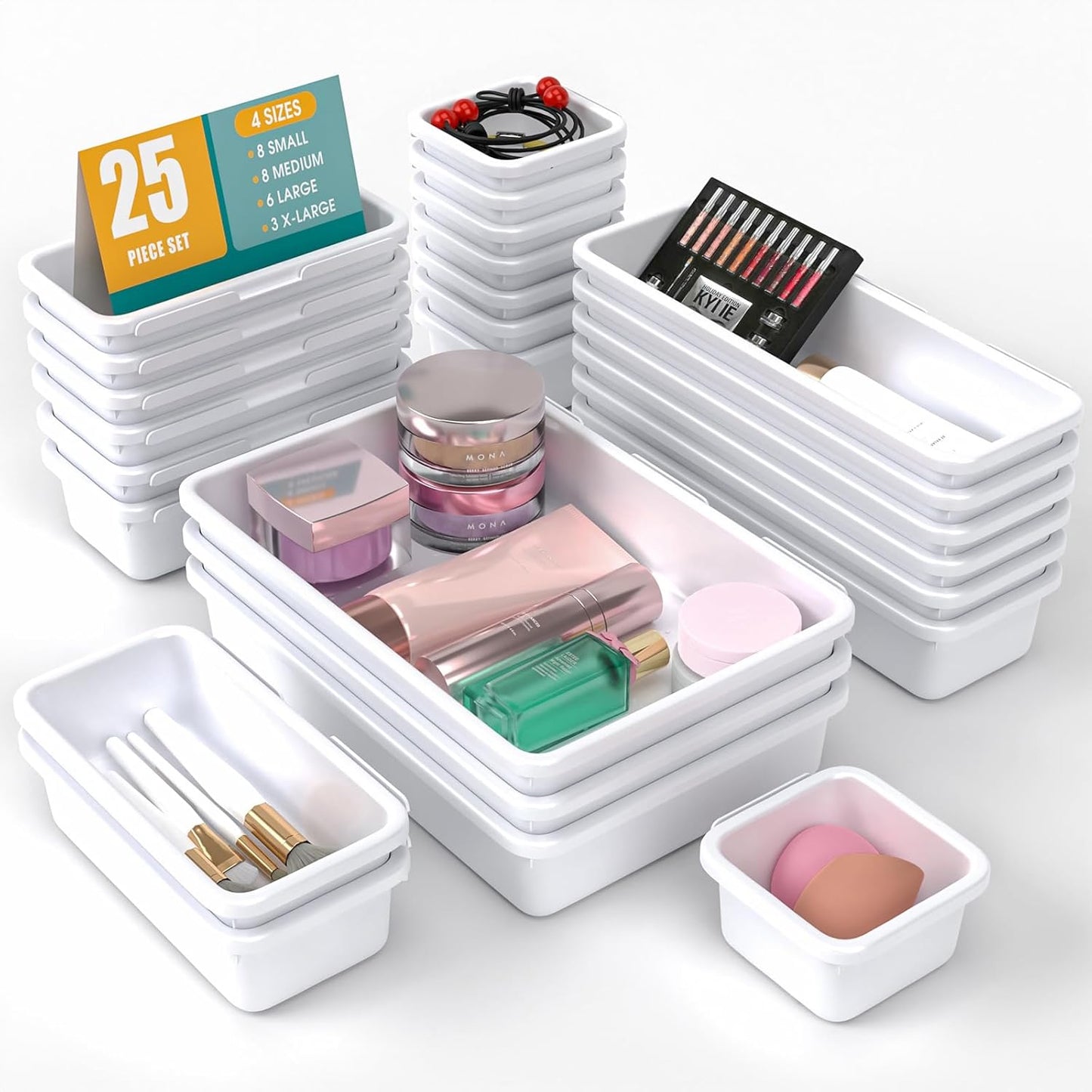 StoreHappily 10 PCS Drawer Organizer Set, 4 Size Makeup Drawer Divider Organizer With Non-Slip Pads, Interlocking Plastic Storage Bins for Office,Jewelry Vanity,Gadgets, Bathroom,Kitchen, Black