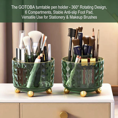 GOTOBA Dark Green Pen Pencil Holder for Desk, 360° Rotating Pen Organizer, Green Office Supplies, Cute Pen Holder, 6-Compartment Pencil Holder Rotating