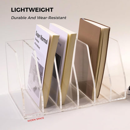 Acrylic Magazine File Holder, 4 Vertical Compartments Desk Document Sorter Organizer, Clear Folder Rack Binder for Office/Home/Classroom, for Documents, Tablet, Magazines, Books & Accessories