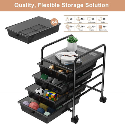 4-Tier Utility Cart with 4 Drawers, Rolling Utility Cart with 2 Lockable Caster Wheels, Multipurpose Mobile Rolling Drawer Cart for Office Bathroom Kitchen, Ivory White