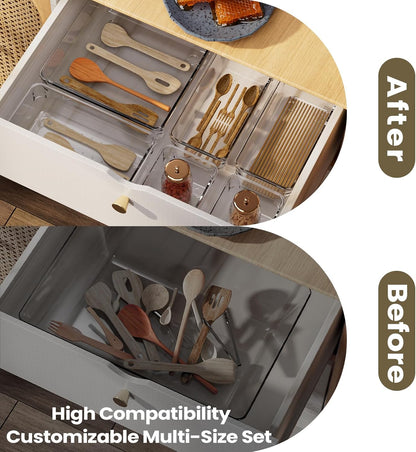 6 PCS Clear Plastic Drawer Organizer Set, 2 Sizes Acrylic Drawer Storage Trays Non Slip Storage Bins for Makeup, Jewelry, Gadgets for Kitchen, Bedroom, Bathroom, Office