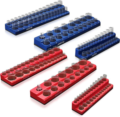 AIUITIO 6PCS Socket Organizer Tray Set, Red SAE & Black Metric Socket Storage Trays, 1/4-Inch, 3/8-Inch & 1/2-Inch Drive Deep and Shallow Socket Holders for Toolboxes