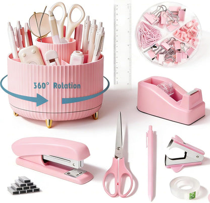 Gawsey Gold Desk Organizers and Accessories Set with 360-Degree Rotating Pen Holder, Acrylic Stapler, Tape Holder, Staple Remover, Binder/Paper Clips Kit, Scissor and 1 Box of Staples