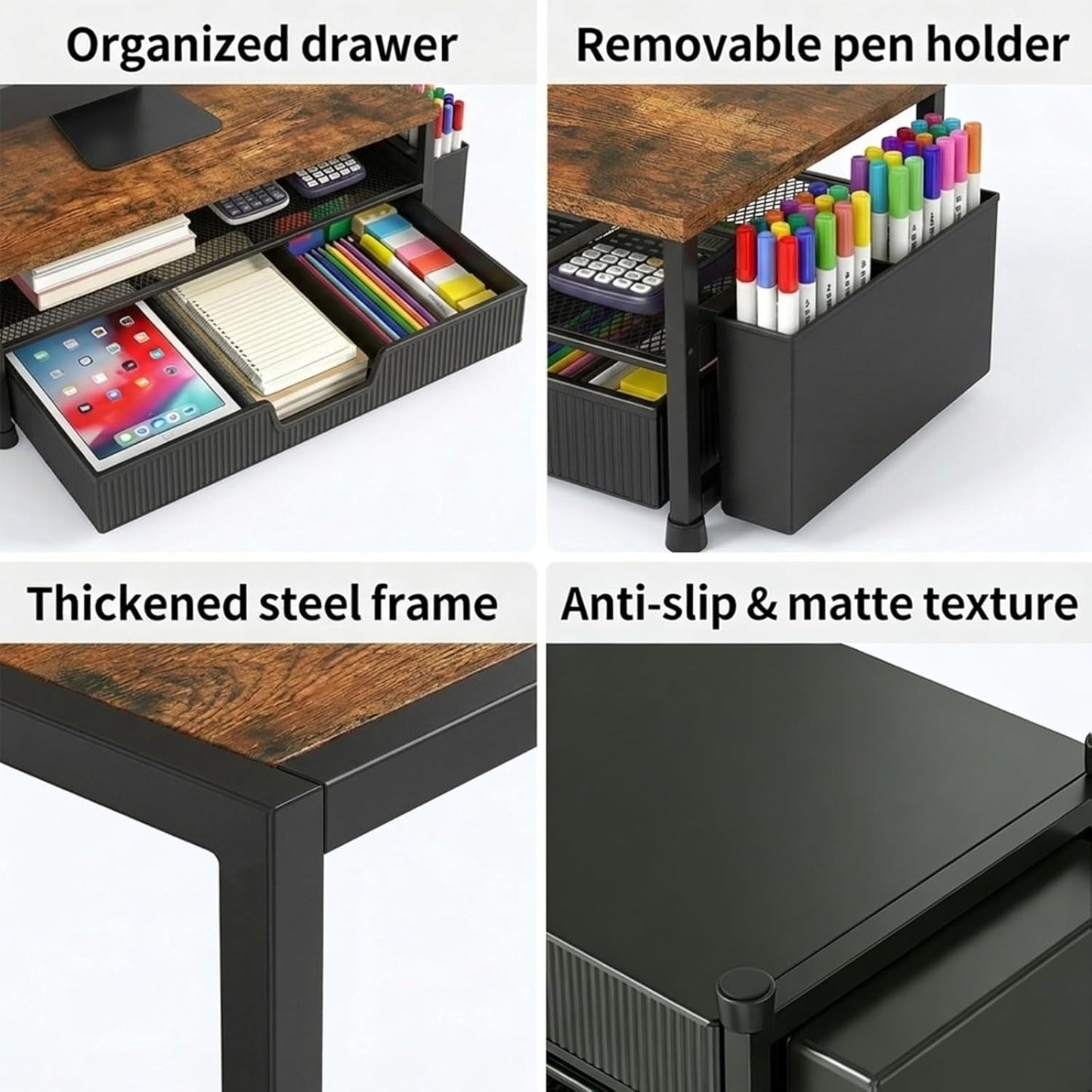 ECOLOVI Desk Organizer and Accessories, 2-Tier Computer Monitor Stand Rise with Storage Drawer & 2 Pen Holders, Laptop & Printer Stand for Desktop, Workspace Organizers for Office Supplies (Blue)