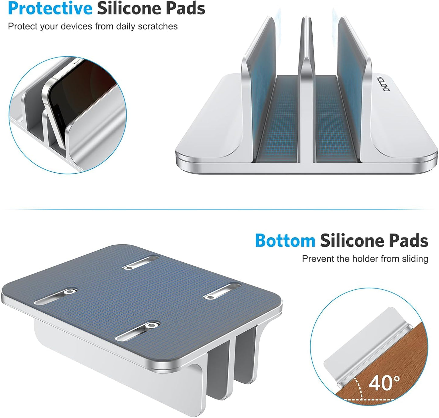 OMOTON Vertical Laptop Stand [Updated 3-Slots Version], Desktop Aluminum Mac Book Stand with Adjustable Dock Size, Fits All Mac Book, Chrome Book and Gaming Laptops (Up to 17.3 inch), Starlight