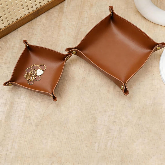 2 Size PU Leather Valet Trays,Square Desk Organizer Catchall Tray Set,Folding Travel Organizer,Jewelry Key Cosmetic Storage Tray for Entryway Dresser Desktop(Yellow)