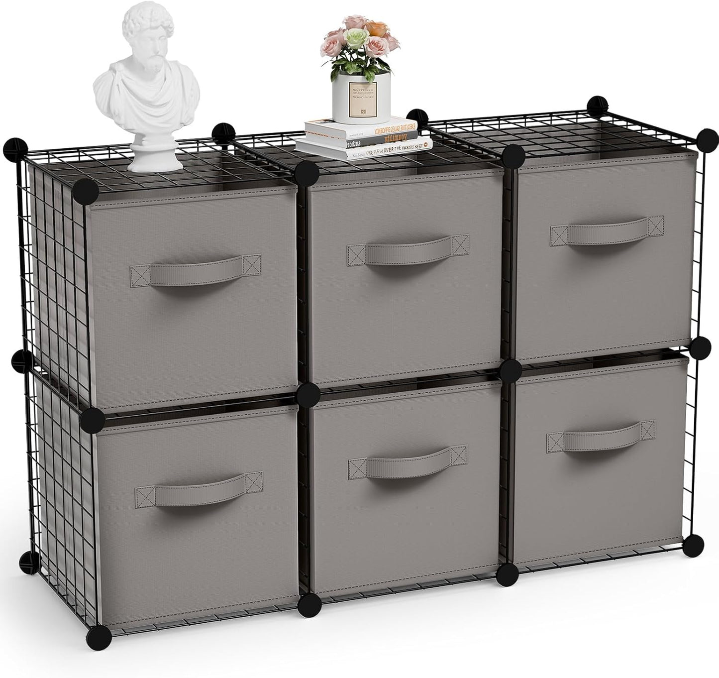 Leinuosen 6 Cube Storage Organizer with Fabric Bins, Wire Grid Stackable Shelves, Modular Storage Units for Bedroom Living Room Office Toys Book Craft(Black,Gray)