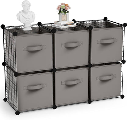 Leinuosen 6 Cube Storage Organizer with Fabric Bins, Wire Grid Stackable Shelves, Modular Storage Units for Bedroom Living Room Office Toys Book Craft(Black,Gray)