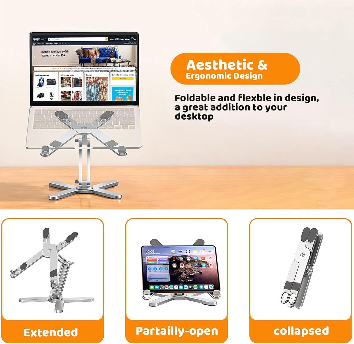 Moallia Laptop Stand with 360 Rotating Base, Computer Notebook Laptop Riser Metal Holder for Desk Collaborative Work, Fully Foldable for Easy Storage, Fits All MacBook, Laptops up to 16 inches