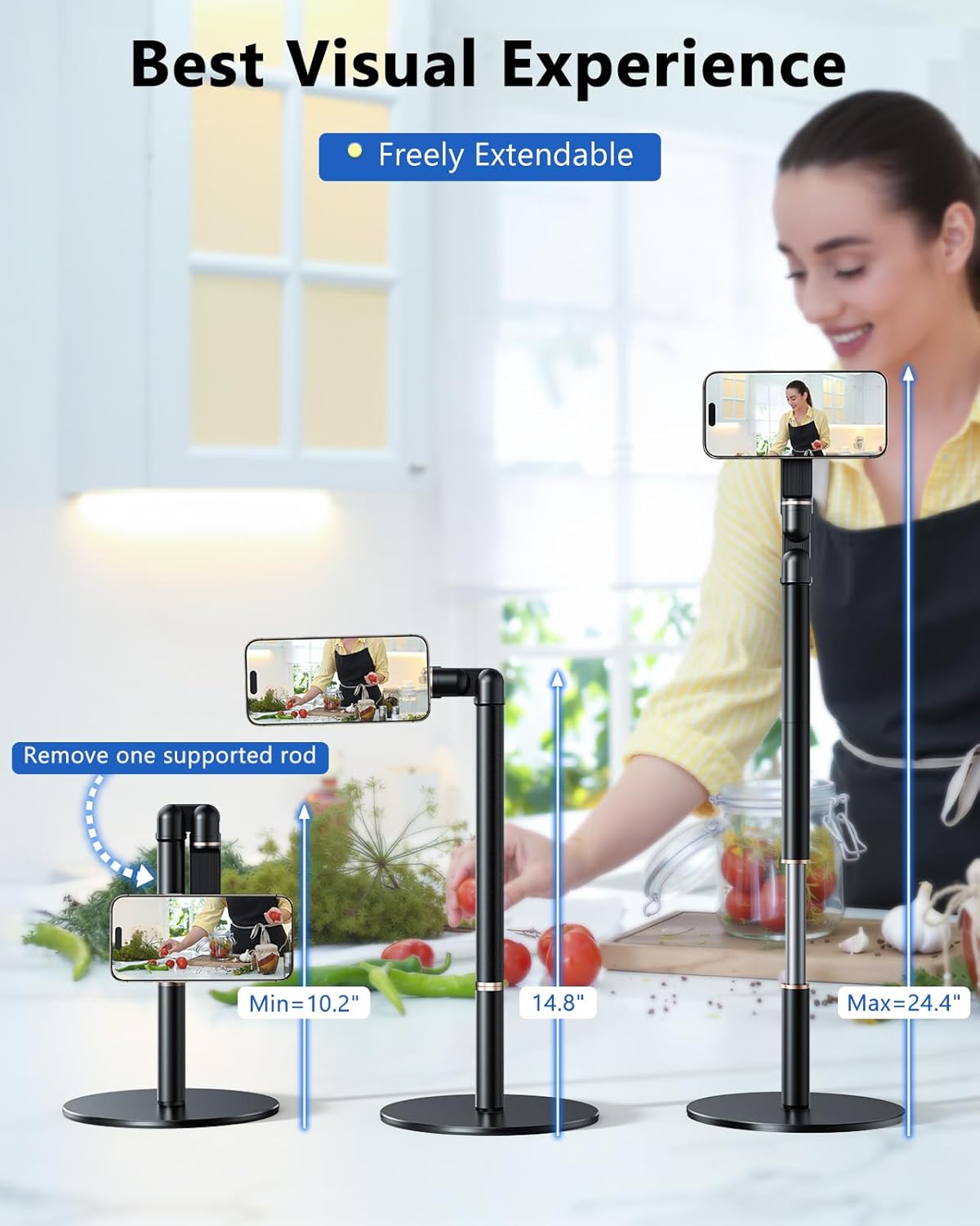 Angle Height Adjustable Magnetic Phone Stand for Desk [10"-25"] - Retractable Cell Phone Holder for Video Recording Cooking Excising Working -Aluminum iPhone 17 16 15 14 Pro Max Air Stand