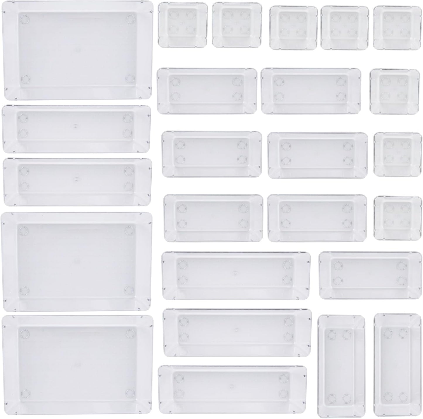 Drawer Organizer with Non-Slip Silicone Pads Set of 15,Clear Plastic Vanity Organizer Storage Bins Containers,4 Size Desk Organizer Tray