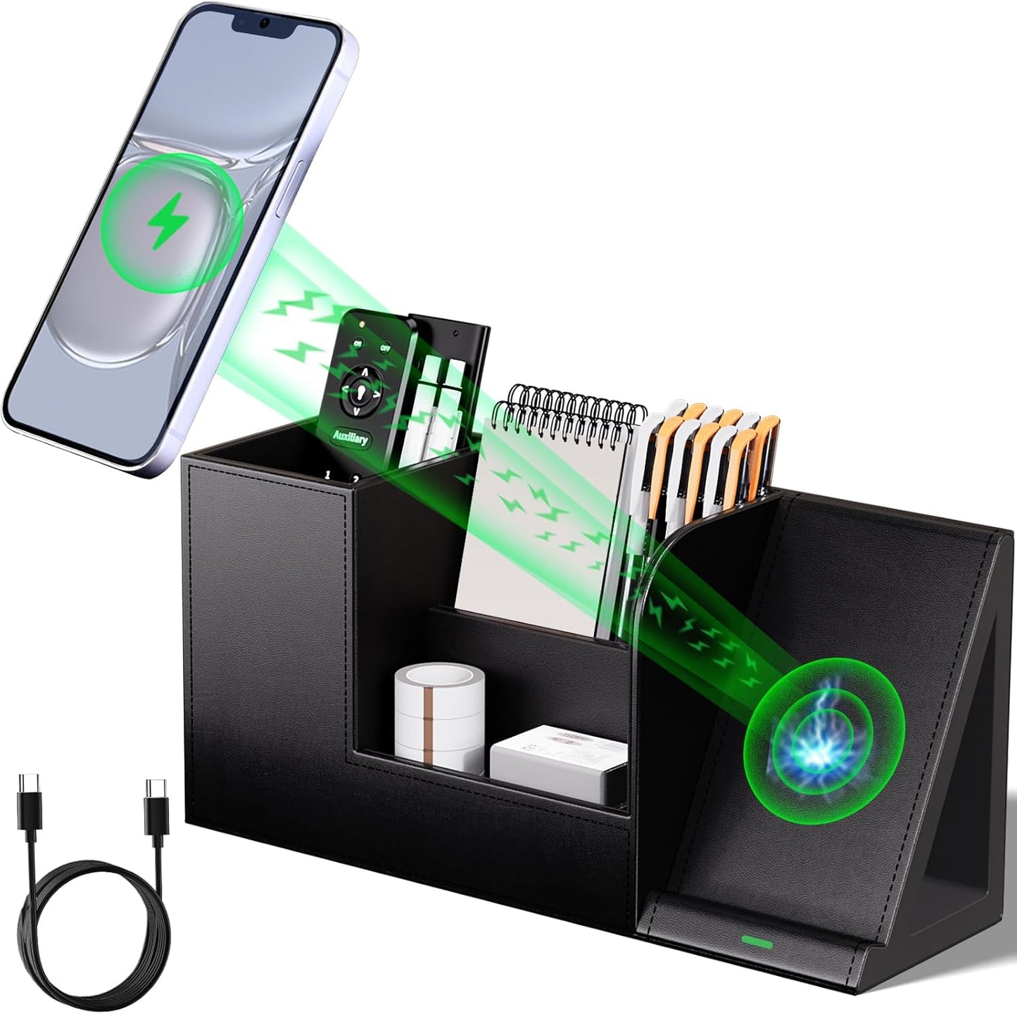 Multi-Functional Pencil Holder for Desk, Desk Organizers and Accessories with 4 Compartments for Office Art Supplies,Desk Phone Stand Charger for Desktop/Counter,Wihte Office Storage for Pens, Keys