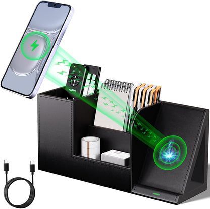 Multi-Functional Pencil Holder for Desk, Desk Organizers and Accessories with 4 Compartments for Office Art Supplies,Desk Phone Stand Charger for Desktop/Counter,Wihte Office Storage for Pens, Keys