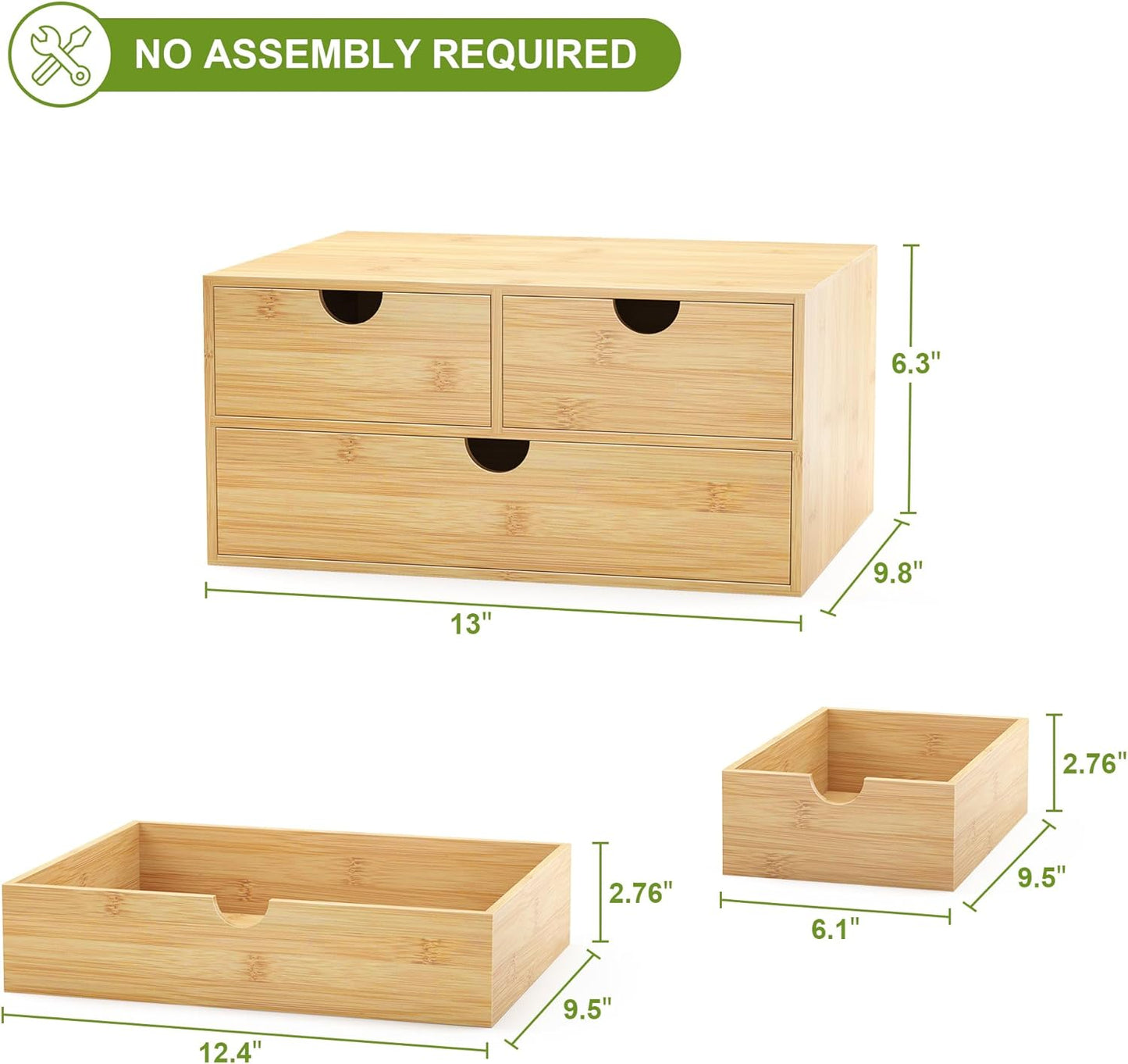 Wisuce Bamboo Desk Drawer Organizer, 3 Drawer Desktop Organizer with Drawers Tabletop Storage Organization Box for Office Home Toiletries Supplies Vanity, No Assembly Required