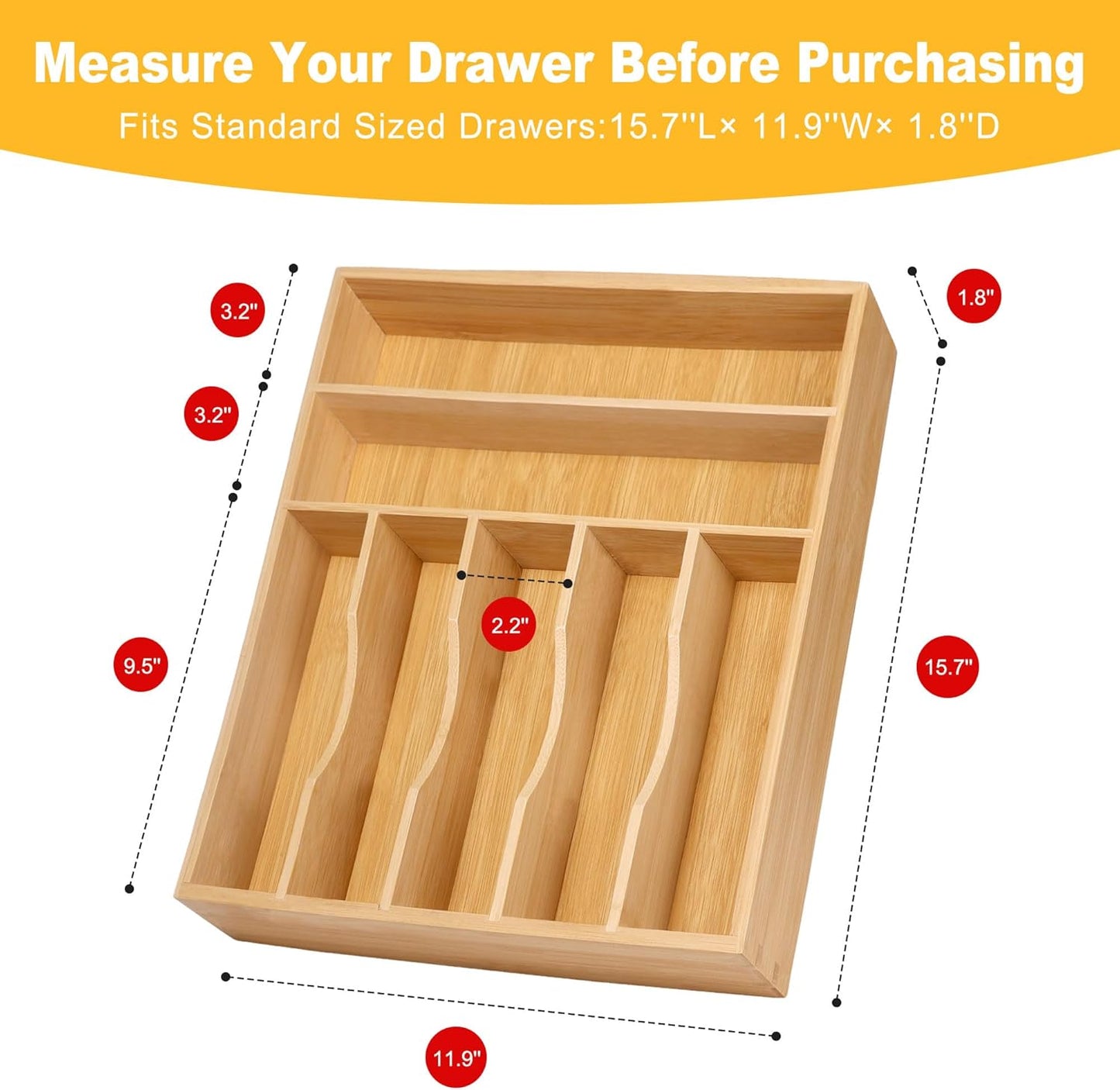 Expandable Bamboo Kitchen Drawer Organizer for Cutlery and Utensils, Adjustable Bamboo Wood Cutlery Tray in Drawer for Flatware and Silverware in Kitchen, (Natural)
