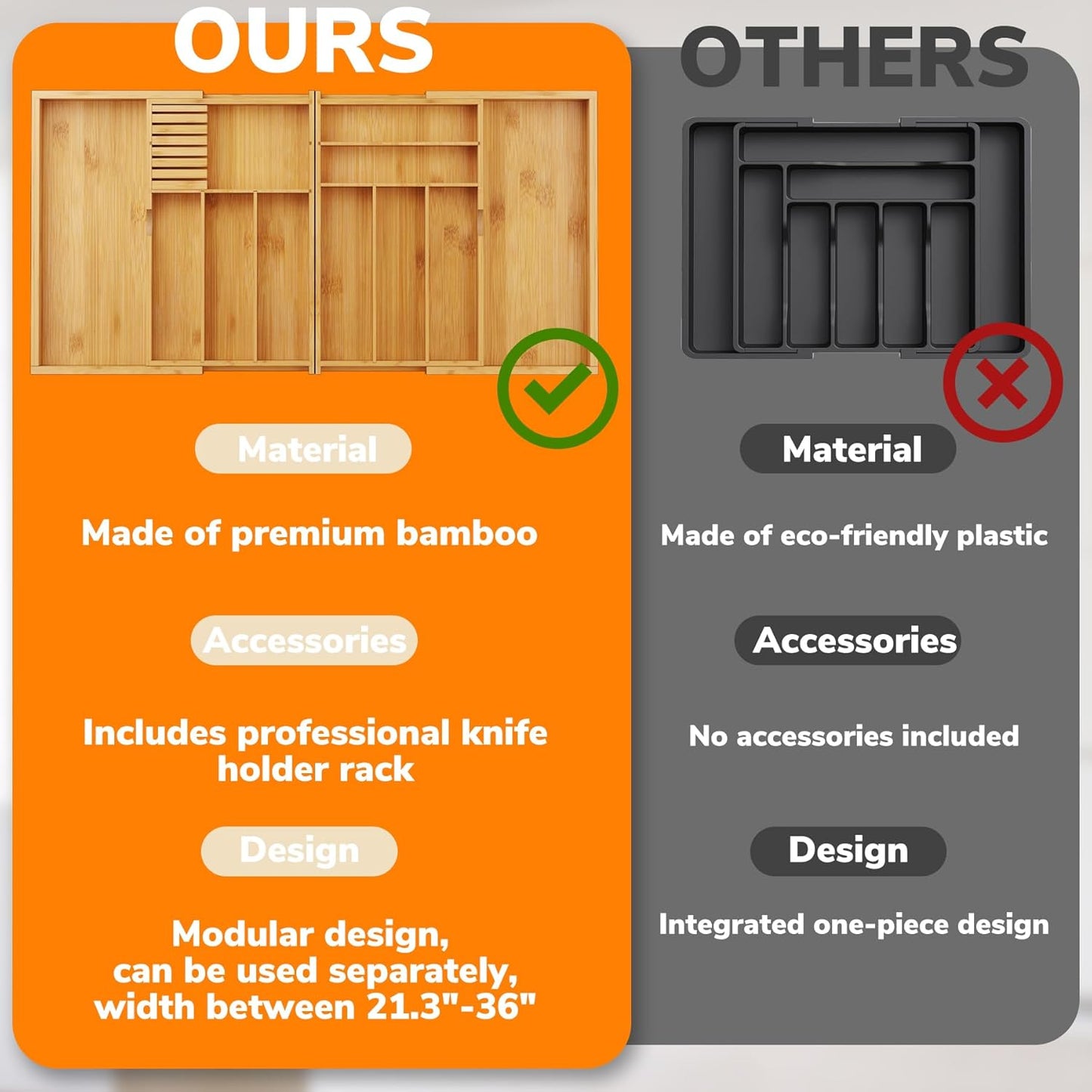 BAMEOS drawer organizer flatware organizer cutlery tray silverware organizer expandable adjustable bamboo drawer organizer kitchen bathroom