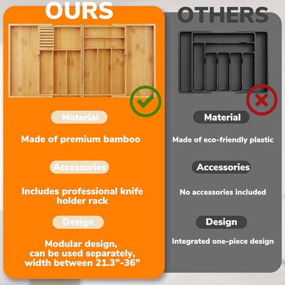 BAMEOS drawer organizer flatware organizer cutlery tray silverware organizer expandable adjustable bamboo drawer organizer kitchen bathroom