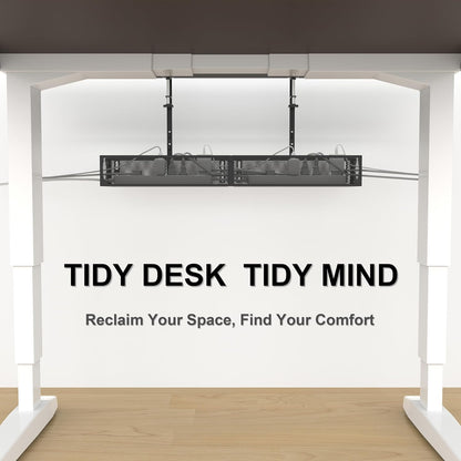 Under Desk Cable Management Tray - Fits up to 1.77" Thick Desks, No-Drill Clamp-on Wire Organizer, Reversible Inward/Outward Install, Heavy Duty Metal Power Strip Holder for Home Office & Gaming Desk