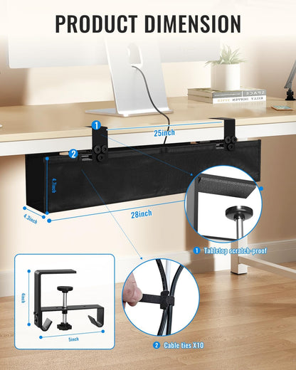 36" No Drill Under Desk Cable Management Tray - Upgraded Oxford Fabric with Cable Loop, No Damage to Table for Standing Desks and Home Office (Large (36 Inch))
