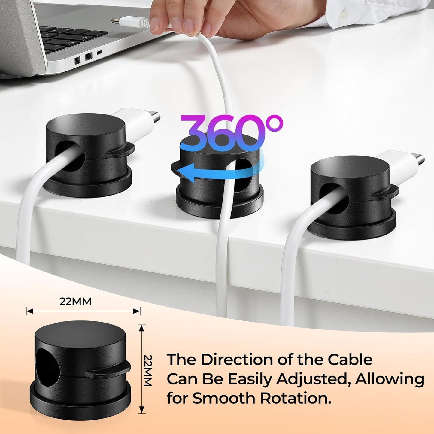 360° Rotatable Cord Organizer Set, 10 Pack Cable Holders & Silicone Cable Straps, Adhesive Wire Fixer for Desk Phone Charger, Nightstand Cable Management for Home Travel Office Accessories Black