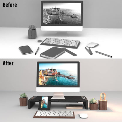 OImaster Monitor Stand Riser, Foldable Computer Monitor Riser, Adjustable Length Computer Stand and Storage Drawer & Pen Slot, Phone Stand Compatible Computer, Desktop, Laptop, Save Space (White-Basic)