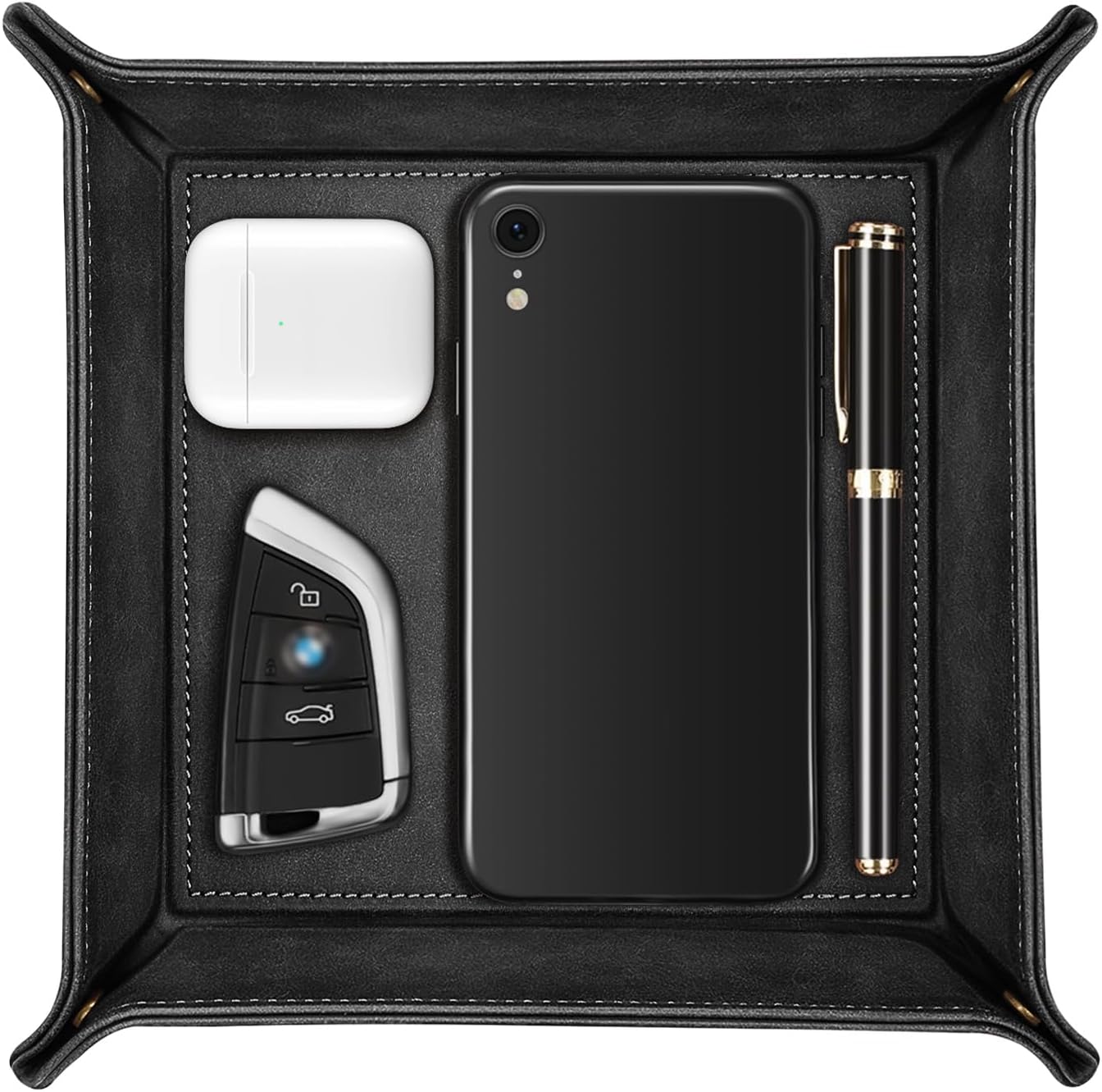 SITHON Valet Tray Desktop Storage Organizer – Premium PU Leather Catchall Bedside Vanity Tray Nightstand Caddy Holder for Keys, Phone, Wallet, Coin, Valentine's Day Gift, Brown