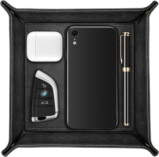 SITHON Valet Tray Desktop Storage Organizer – Premium PU Leather Catchall Bedside Vanity Tray Nightstand Caddy Holder for Keys, Phone, Wallet, Coin, Valentine's Day Gift, Brown