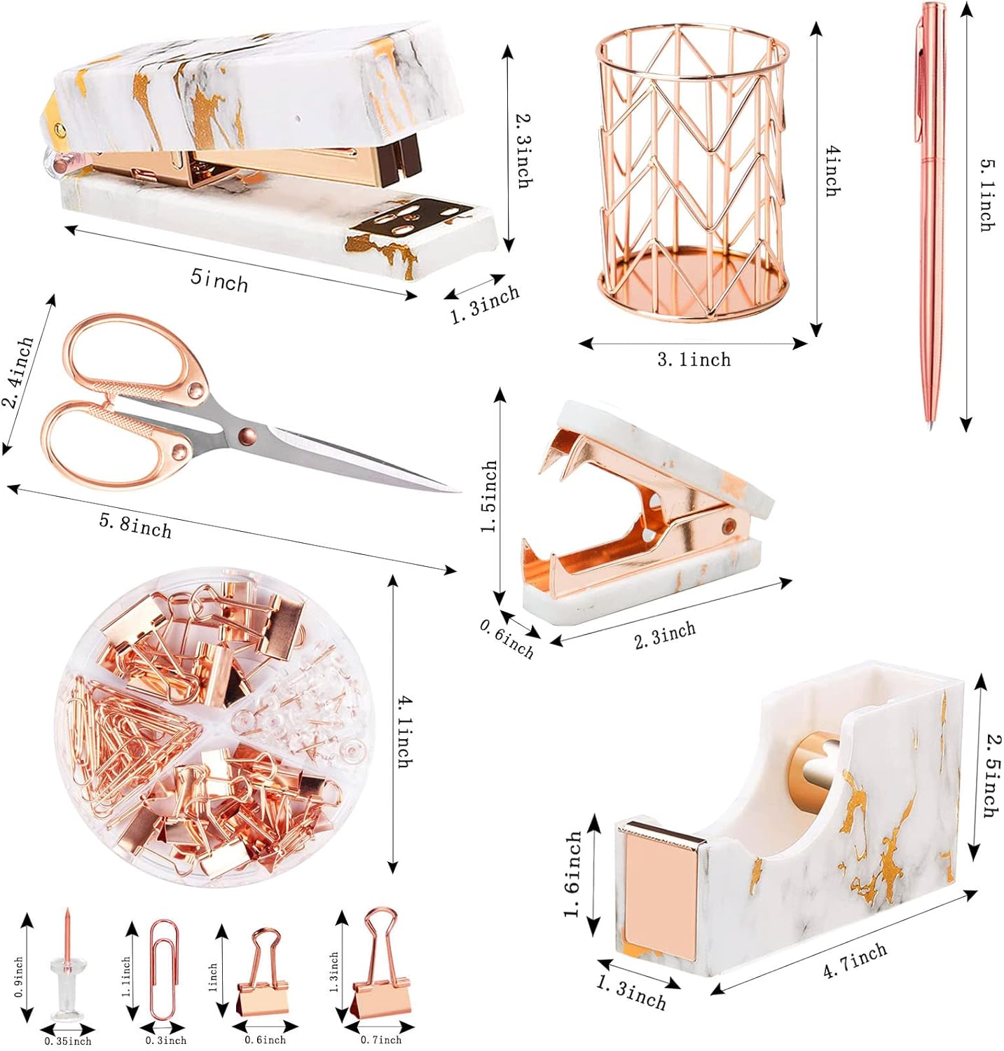 Famassi Rose Gold Desk Accessories，Office Supplies Set Acrylic Stapler Set Staple Remover, Tape Holder, 2 Ballpoint Pen, Scissor, Binder/Paper Clips and 1000pcs Staples.