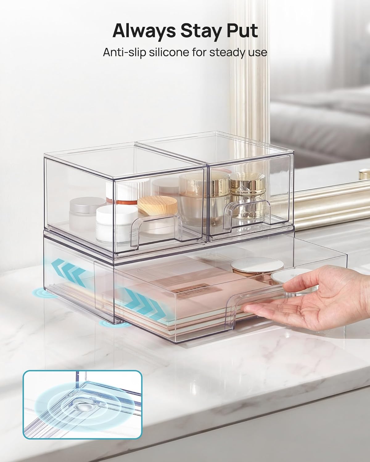 Vtopmart Stackable Storage Drawers Set of 4, Clear Plastic Organizer Bins for Bathroom Supplies,Ideal for Cabinet,Pantry,Laundry Room Organization