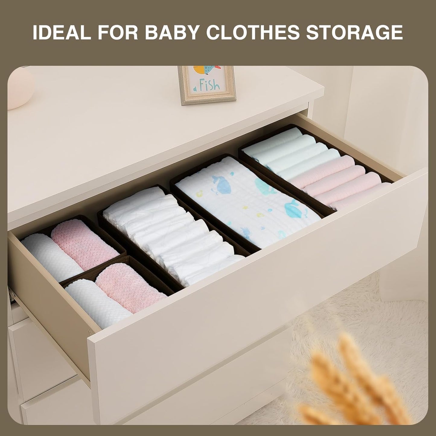 DIMJ Drawer Organizers Clothes, Dresser Organizer Bins for Baby Clothes,Underwear and Sock, Fabric Closet Organization and Storage Boxs, Drawer Dividers for Nursery, Clothing, Tie - 4 Pack, Beige