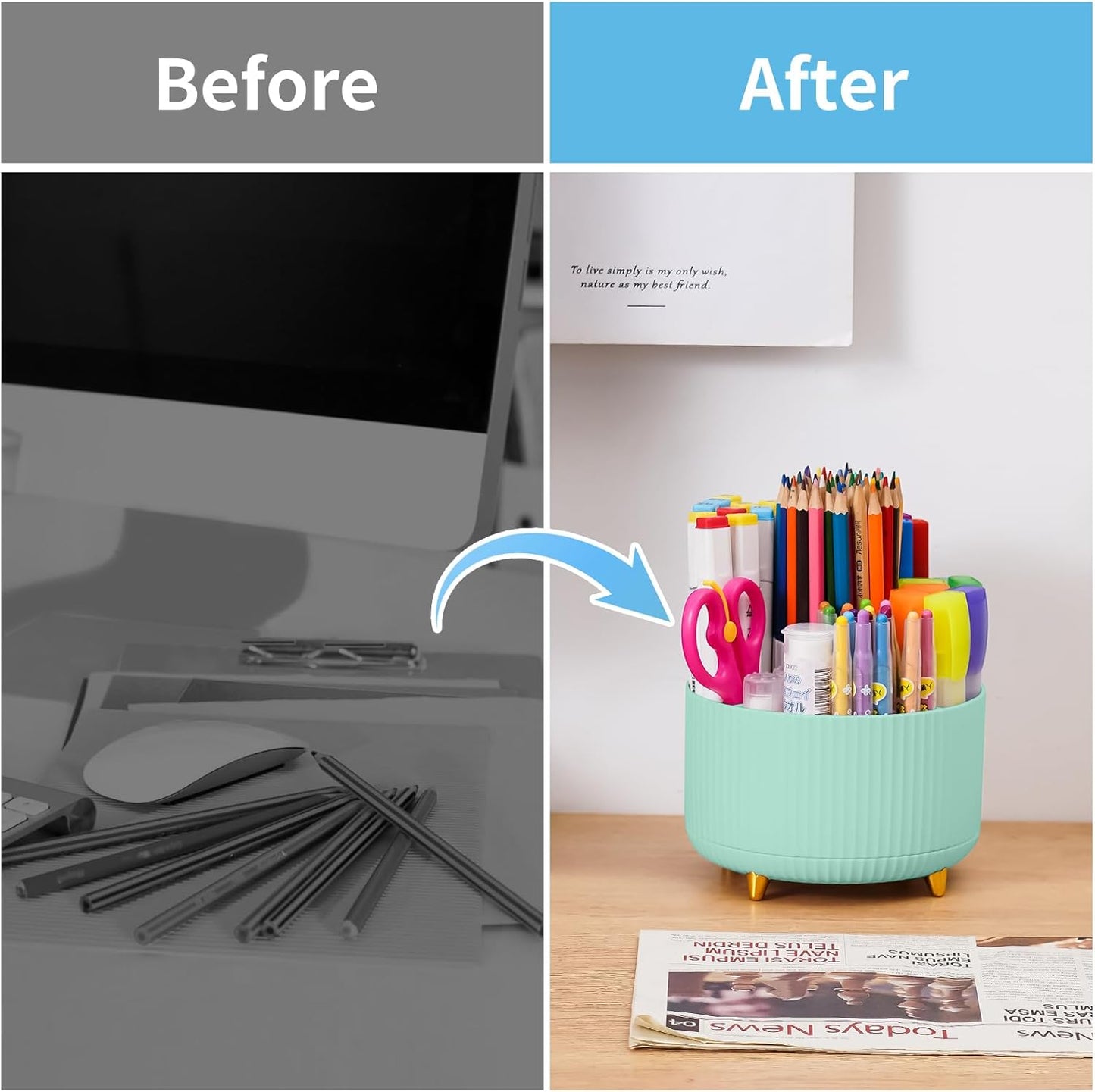 Marbrasse Desk Organizer, 360-Degree Rotating Pen Holder, Desk Organizers and Accessories with 5 Compartments Pencil Holder, Art Supply Storage Box Caddy for Office, Home（White）