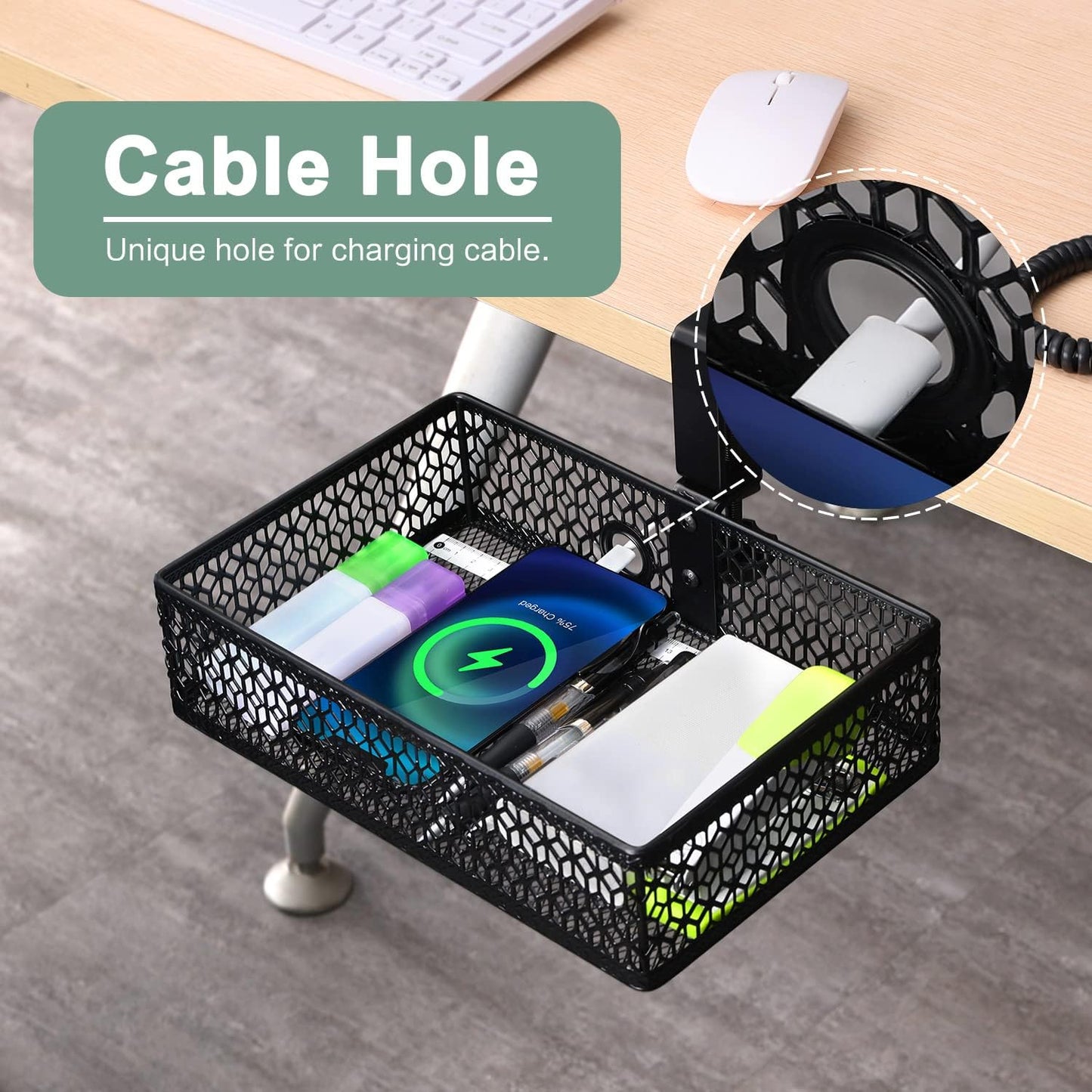 ROSYLINE OSYLINE Heavy Duty Clamp On Under Desk Drawer Organizer Storage Tray Basket with Non-Slip Pad Hanging Mount for Home Office Studio Bedroom or Dorm (Black)