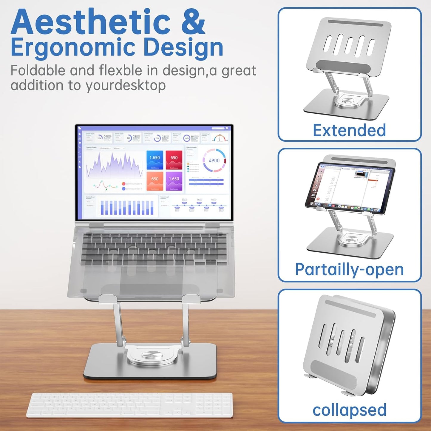 Laptop Stand for Desk Adjustable Computer Stand with 360 Rotating Base Ergonomic Laptop Riser Mount for Desk Foldable Protable Computer Desk Fits with MacBook Pro Air, Round Black