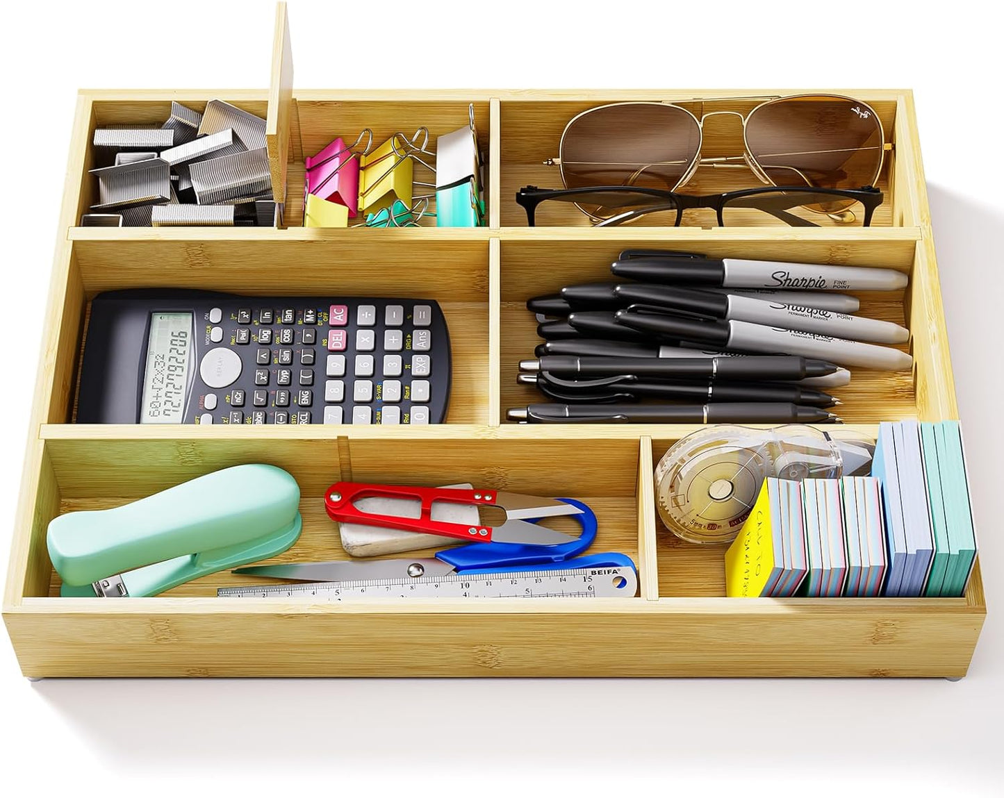 Bamboo Drawer Organizer with 9 Adjustable Compartments, Office Desk Organization Tray for Office Utensils, Supplies, Makeup, Jewelry, and More – Ideal for Desk or Drawer Storage