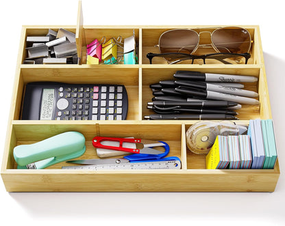 Bamboo Drawer Organizer with 9 Adjustable Compartments, Office Desk Organization Tray for Office Utensils, Supplies, Makeup, Jewelry, and More – Ideal for Desk or Drawer Storage