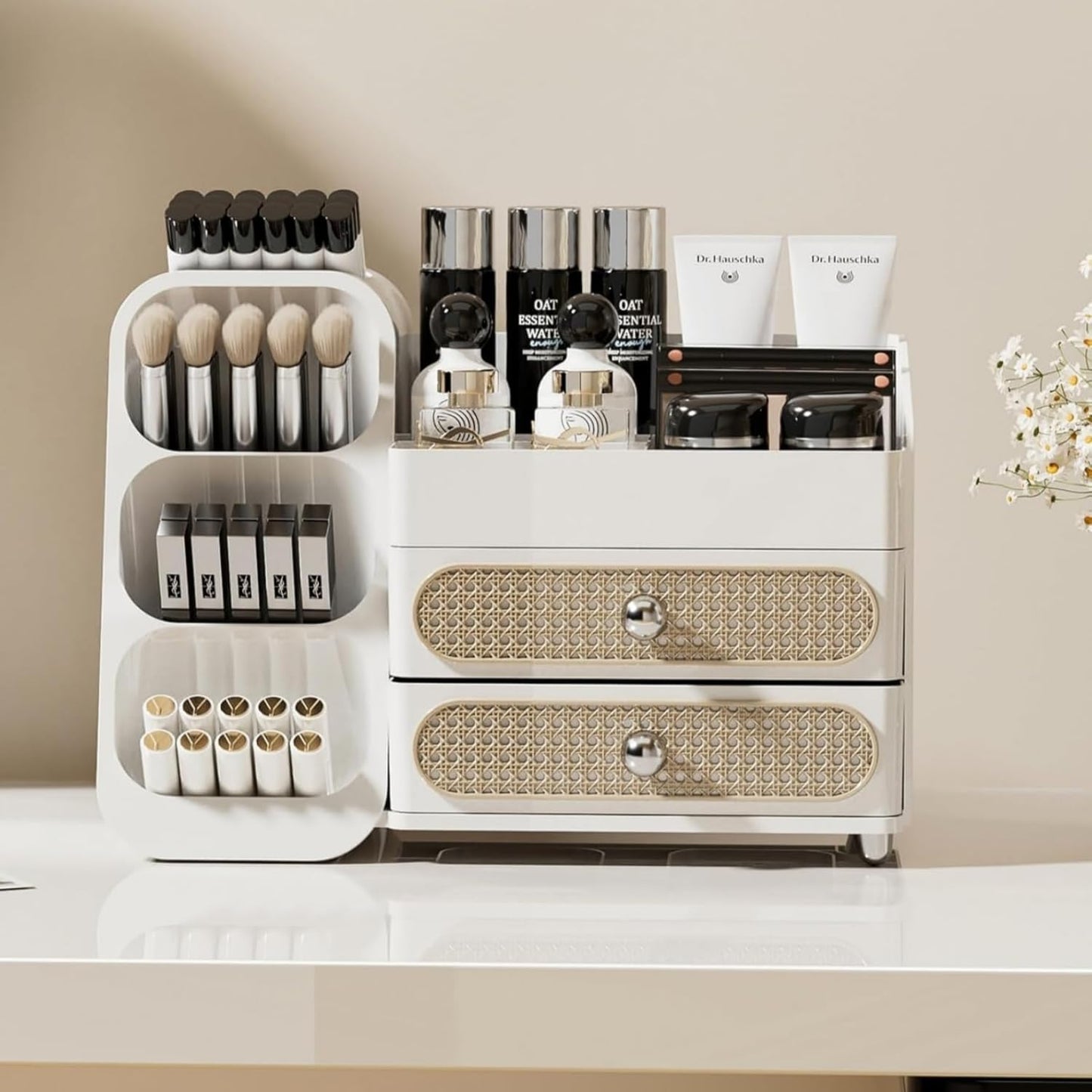 Booklov Makeup Organizer for Vanity, Countertop Cosmetic Display Case with Clear Acrylic Drawers, Bathroom Counter Beauty Caddy, Cute Table Storage Holder for Skincare, Brush Lipsticks, Crystal White