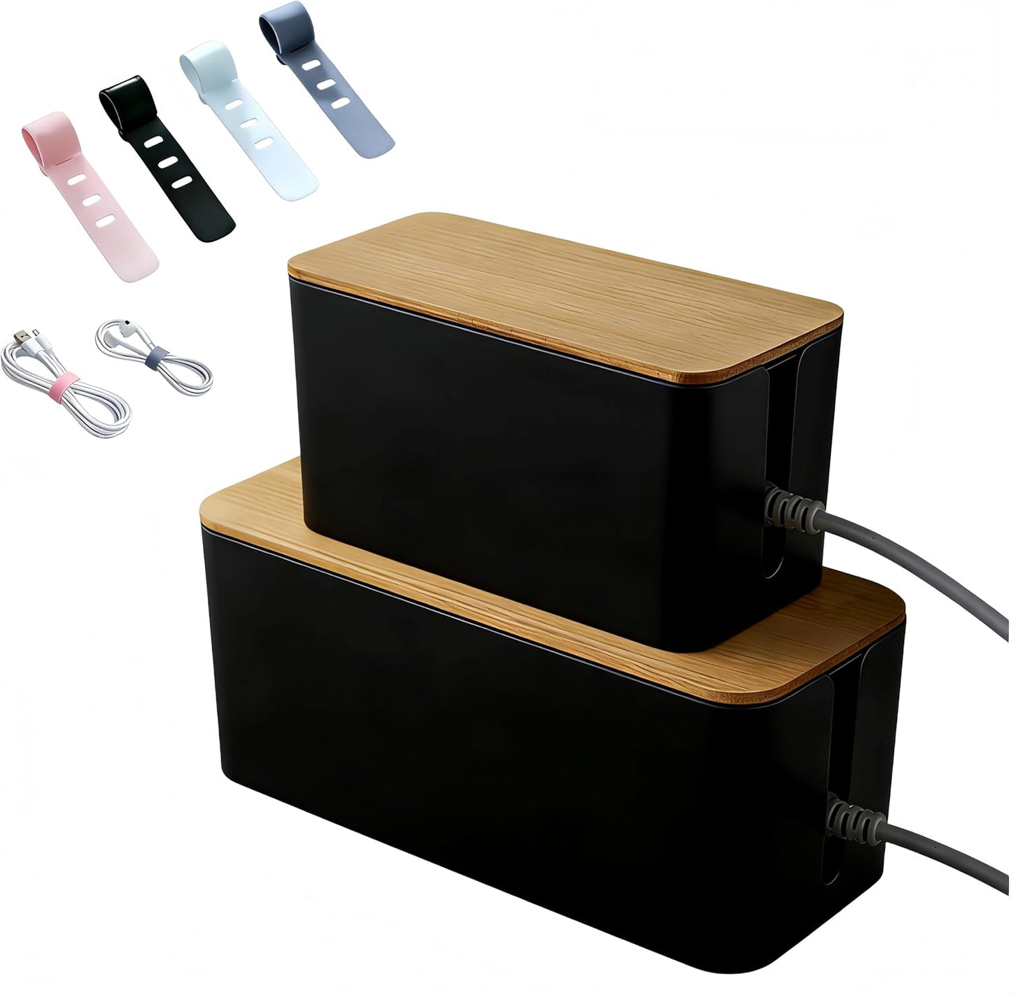 1 Large + 1 Small Cable Management Box Set – 2-Piece Cord Organizer Box, Home Office Desk Wire Storage & Cable Management Solution (Acryliclid lid/Black)