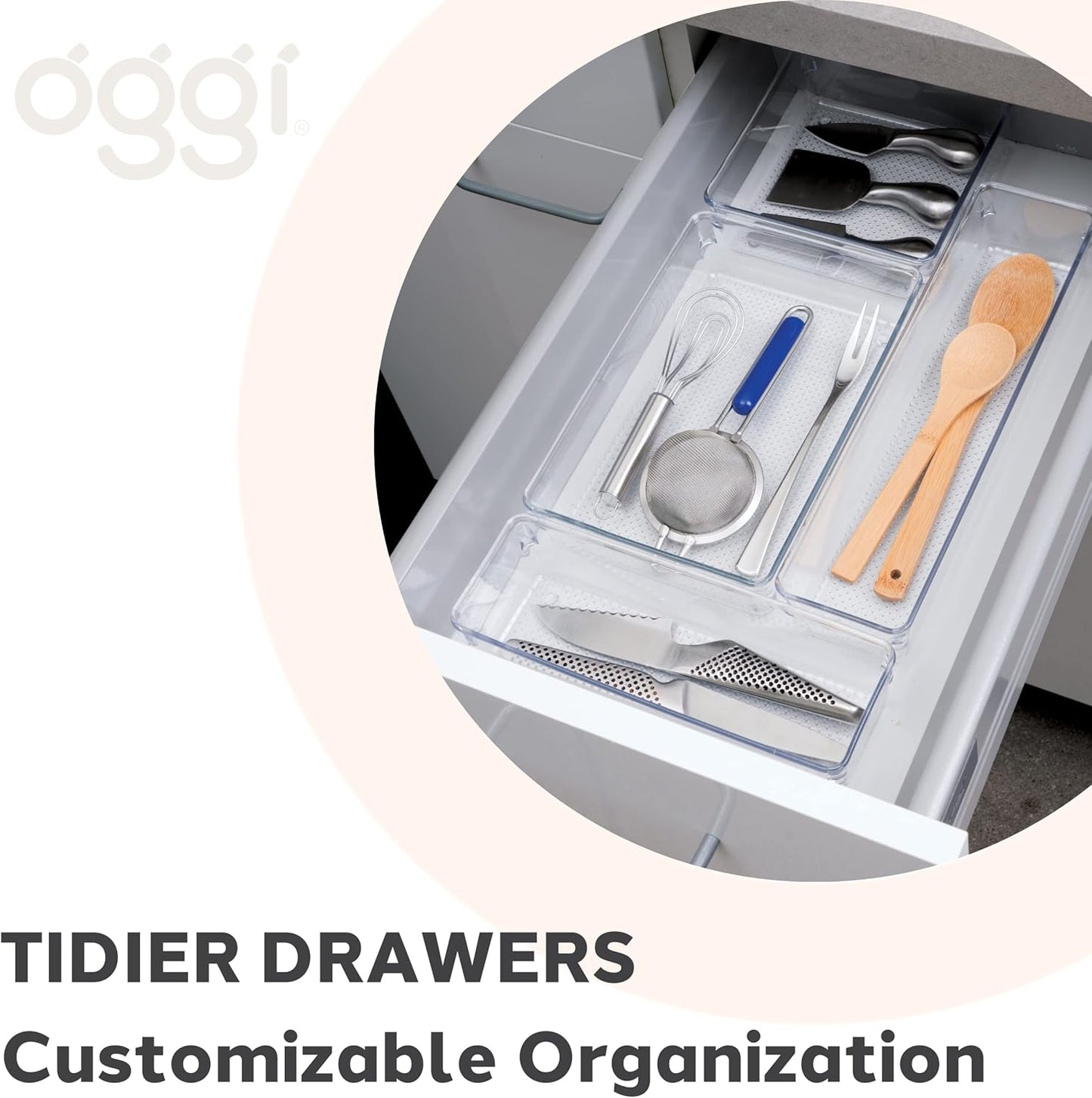 Oggi Set of 5 Clear Drawer Organizers - (1) 3x6.25, (2) 3x9.5, (2) 3x12.5 - Ideal for Organizing Kitchen Drawers, Office, Desk, Silverware, Kitchen Utensils, Cosmetics and Bathrooms