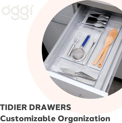 Oggi Set of 5 Clear Drawer Organizers - (1) 3x6.25, (2) 3x9.5, (2) 3x12.5 - Ideal for Organizing Kitchen Drawers, Office, Desk, Silverware, Kitchen Utensils, Cosmetics and Bathrooms