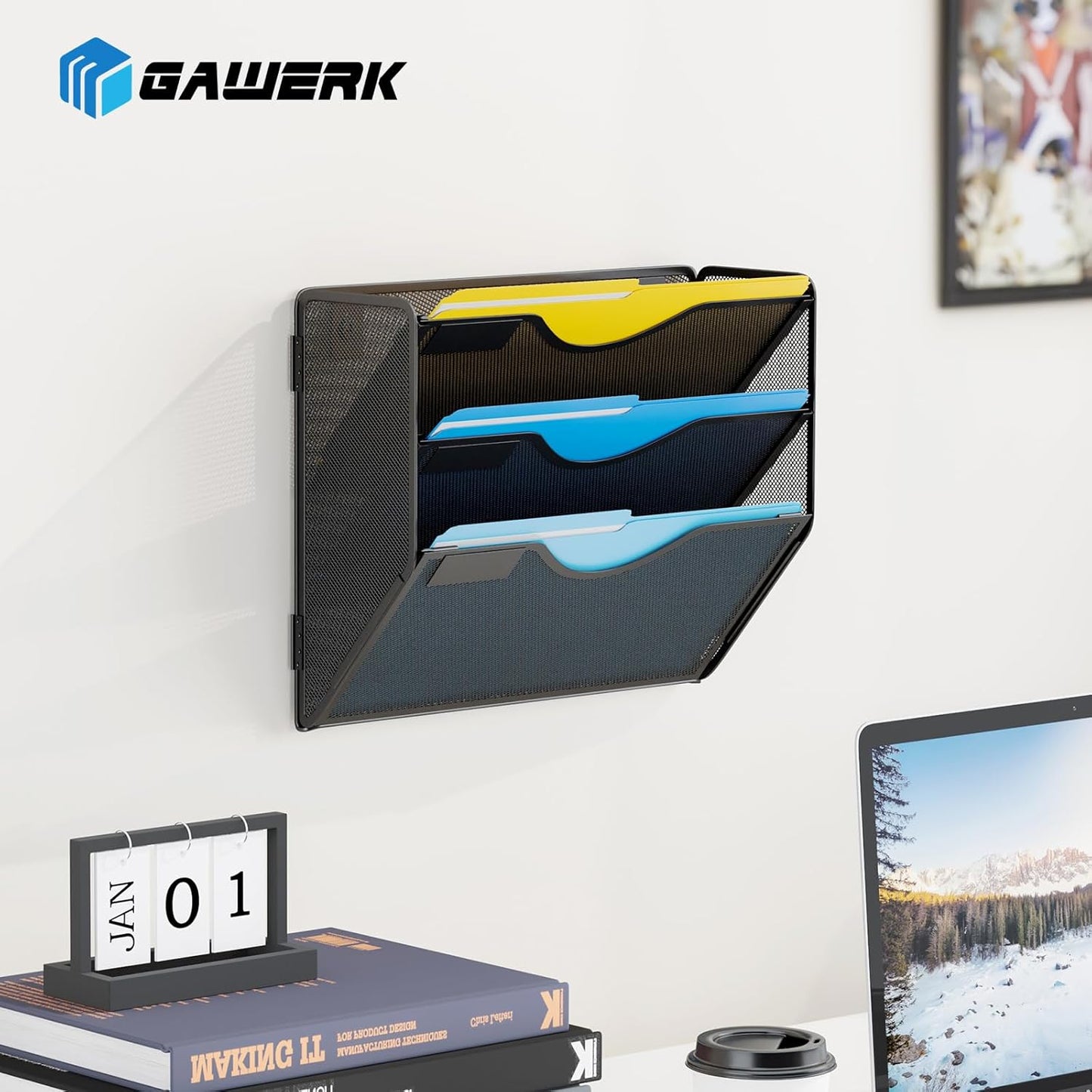 Gawerk 5 Tier Hanging Wall File Organizer, Mesh Mail Paper Orgnization Hanging File Folder Holder for Home Office, Black