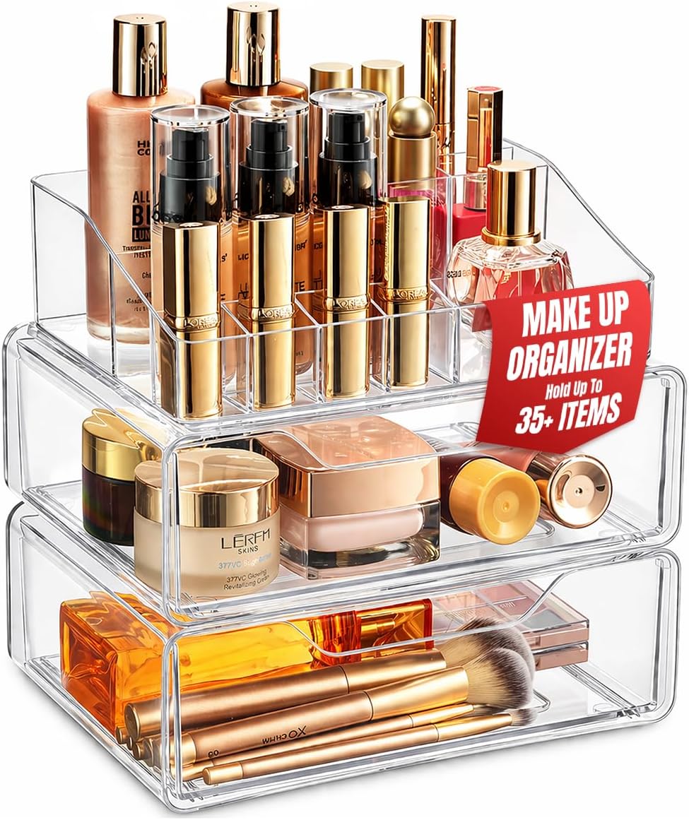 Masirs Clear Makeup Organizer - 16-Compartment Cosmetic and Jewelry Holder with 4 Drawers - Vanity Storage Box for Makeup, Skincare, Accessories, and Jewelry Display