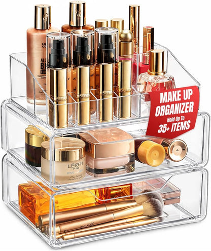 Masirs Clear Makeup Organizer - 16-Compartment Cosmetic and Jewelry Holder with 4 Drawers - Vanity Storage Box for Makeup, Skincare, Accessories, and Jewelry Display