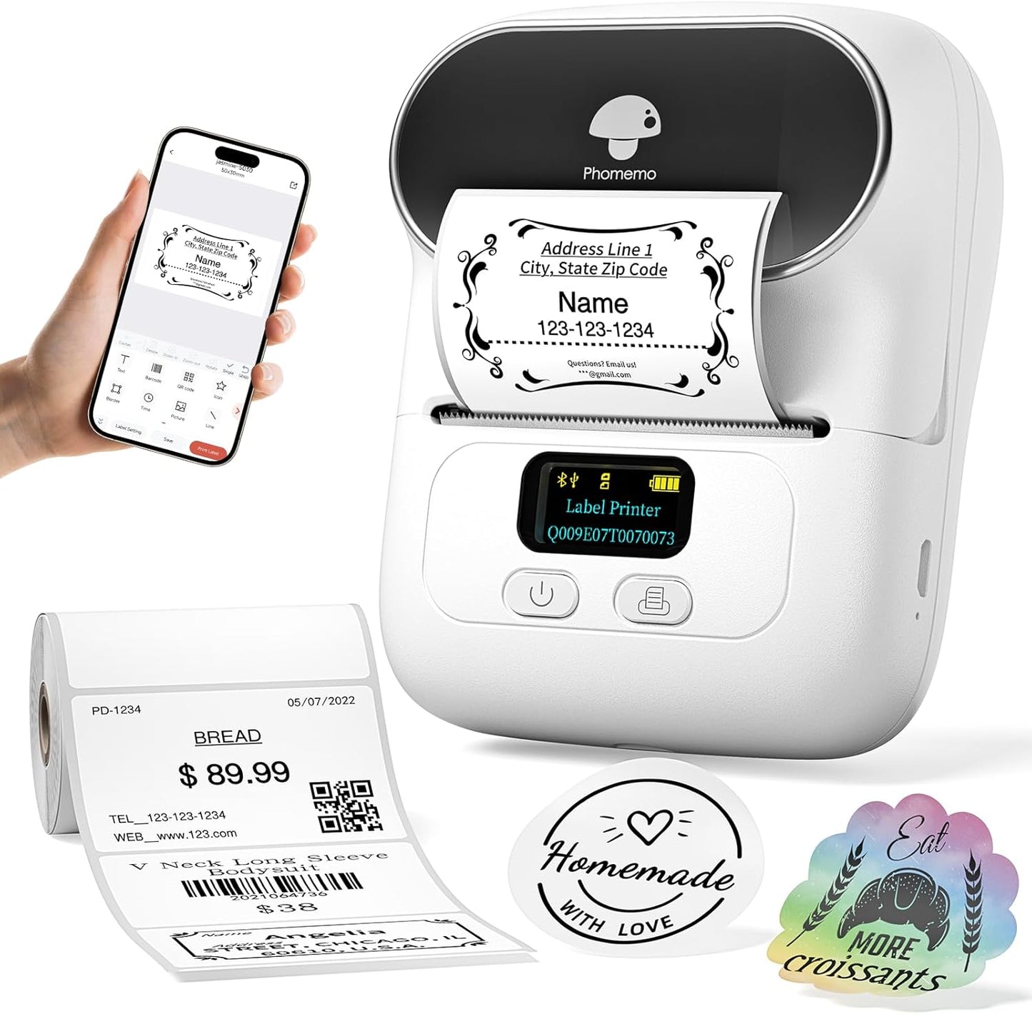 Phomemo Label Printer M110- Small Address Label Maker Bluetooth No Ink Portable for Small Business, Address, Office, Home for Phone; for PC/Mac(USB), with 100 Labels, Baby Pink