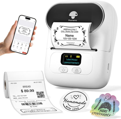 Phomemo Label Printer M110- Small Address Label Maker Bluetooth No Ink Portable for Small Business, Address, Office, Home for Phone; for PC/Mac(USB), with 100 Labels, Baby Pink