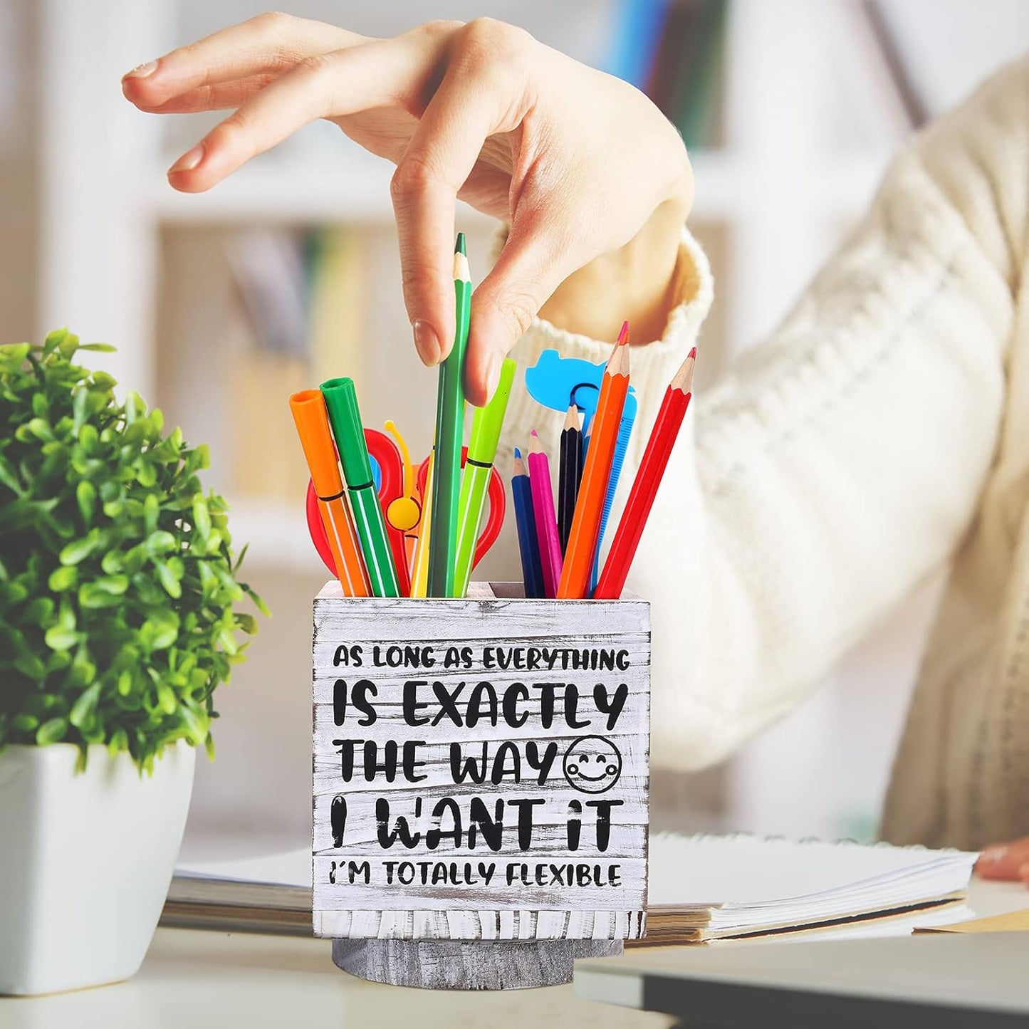 Outus Wooden Spinning Pen Holder for Desk I'll Remember It Later Pencil Holder Cute Organizer Funny Desk Decor Pencil Case Art Supply Storage Box for Home Office (White)
