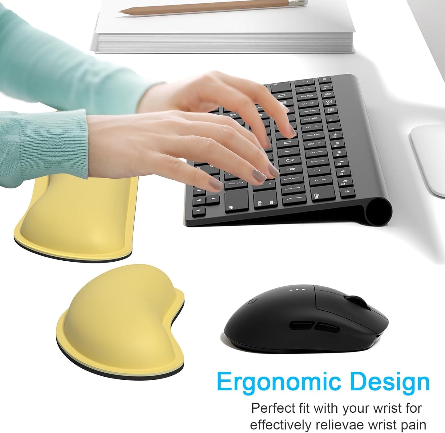 Dapesuom Keyboard Wrist Rest Set, Cute PU Leather Wrist Cushion for Computer Keyboard and Mousepad, Memory Foam Mouse Pad Rests Support with Non-Slip Base for Typing Pain Relief Laptop, Colonial White